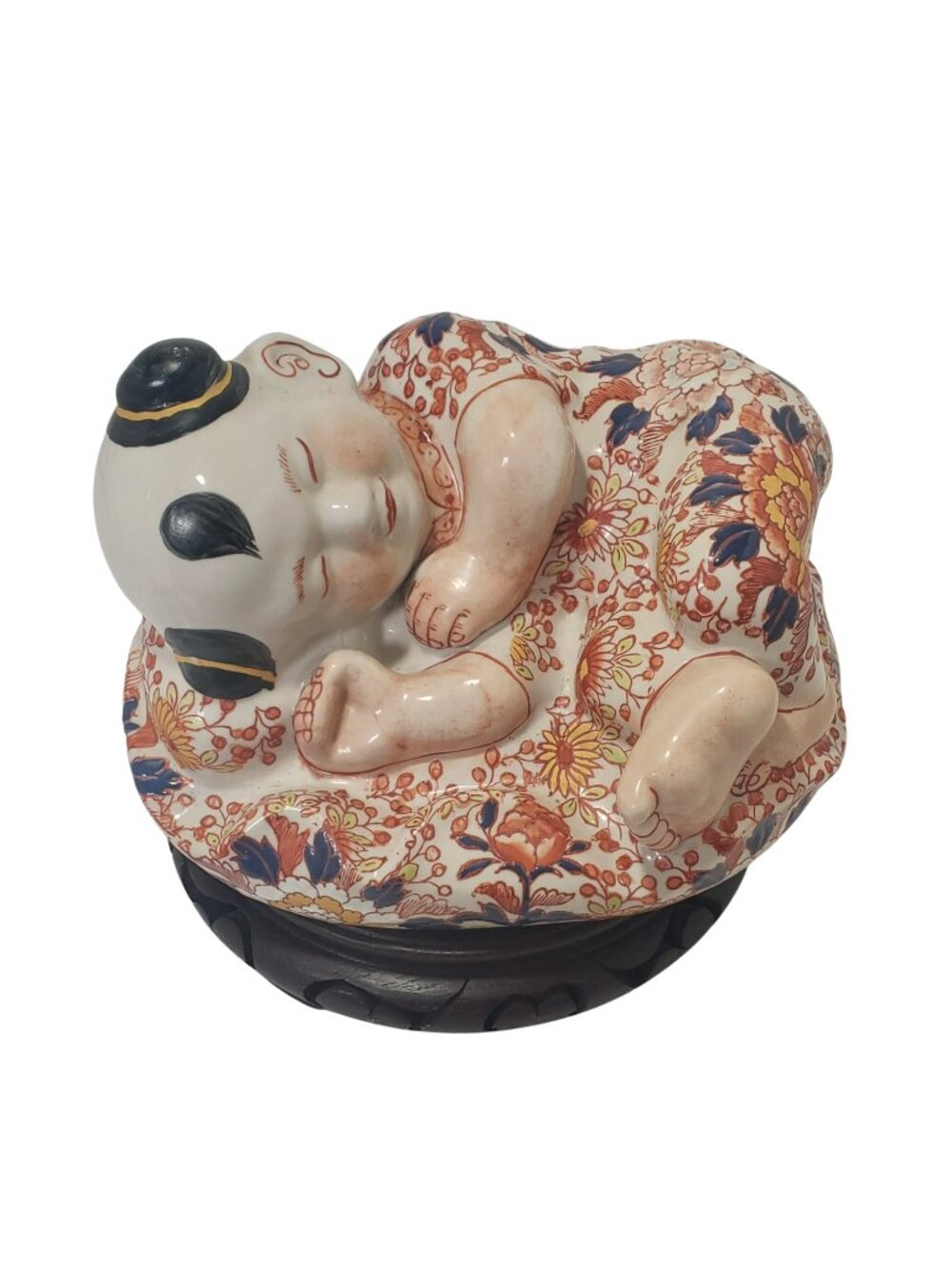 Large Chinese Imari Porcelain Sleeping Boy Centerpiece Figurine w Stand
